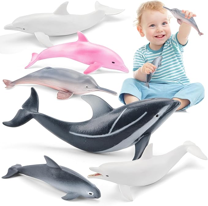 6PCS 5" Realistic Dolphin Figurines Toy for Toddlers, Ocean Animal Bath Toys for Kids, Dolphin Cake Toppers & Birthday Party Favors & Gifts for Boys & Girls