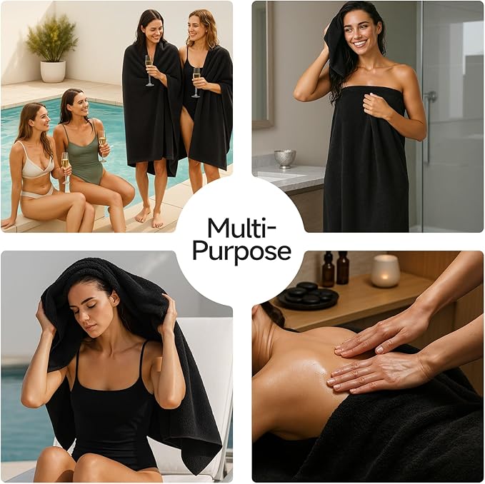 REDKISS 2 Piece Luxury Bath Towel Set - 31x62 inch Oversized Thick Bath Sheet, 100% Cotton, 900 GSM, Super Soft, Highly Absorbent, Quick Dry Large Black Bath Towels, Ideal for Bathroom, Pool, Gym, Spa