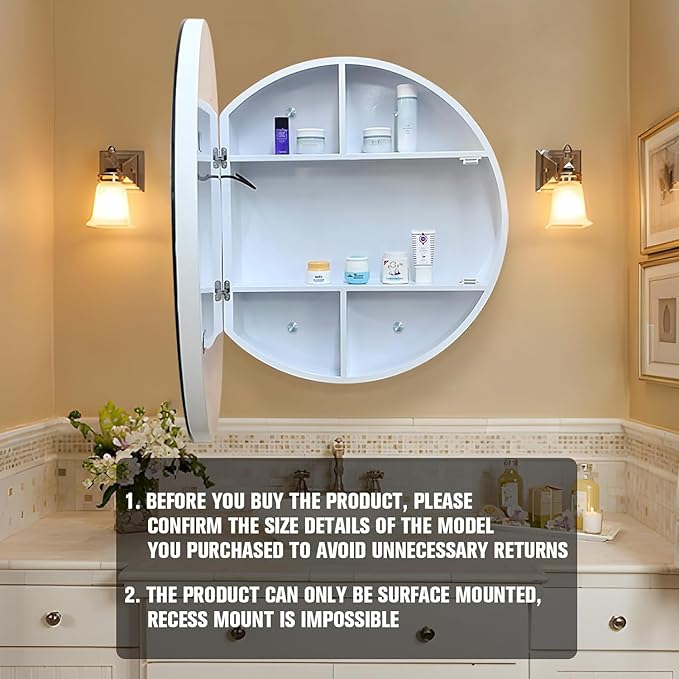 24inch Round Medicine Cabinet with Lights,Led Medicine Cabinet with Defogger,Illuminated Mirror Cabinet for Bathroom,Dimmable,Anti-Fog,3 Colors,Surface Mount Only,White