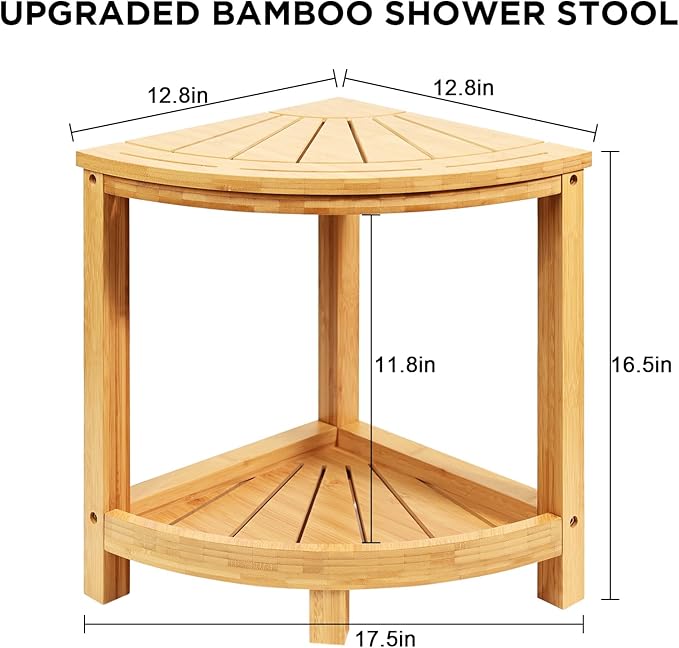 Ollieroo 2-Tier Bamboo Corner Shower Stool for Shaving Legs, Waterproof Bench with Storage Shelf and Soap Dish, Non-Slip Foot Rest (Natural)