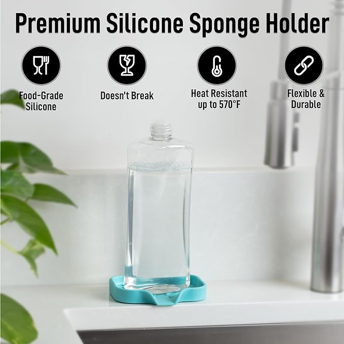 Zulay Kitchen Small Silicone Sponge Holder (4.9x3.3”) – Space-Saving Sink Organizer Tray for Sponge, Soap, Brush & More – Compact Non-Slip Dish for Kitchen & Bathroom (Aqua Sky)