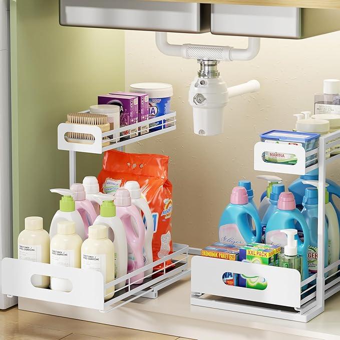Delamu 2 Pack Metal Bathroom Organizers and Storage, 2 Tier Pull Out Under Sink Organizer for Kitchen Bathroom, Adjustable Under Sink Shelf for Multipurpose Cabinet Organizer, White
