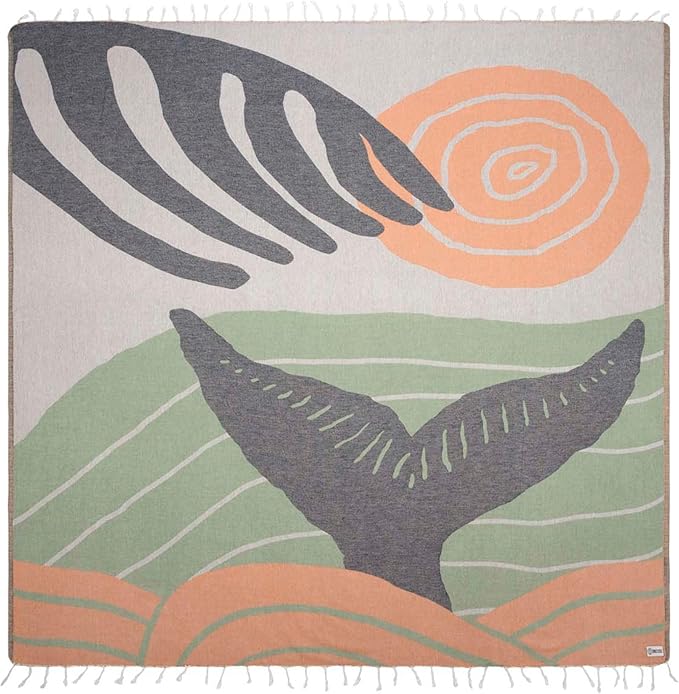 Sand Cloud Extra Large Turkish Beach Towel - Sand Free - 100% Organic Turkish Cotton Yarn - Quick Dry Towel for Beach, Picnic, Blanket or Bath - As Seen on Shark Tank - Marine Life (Whale Fin)