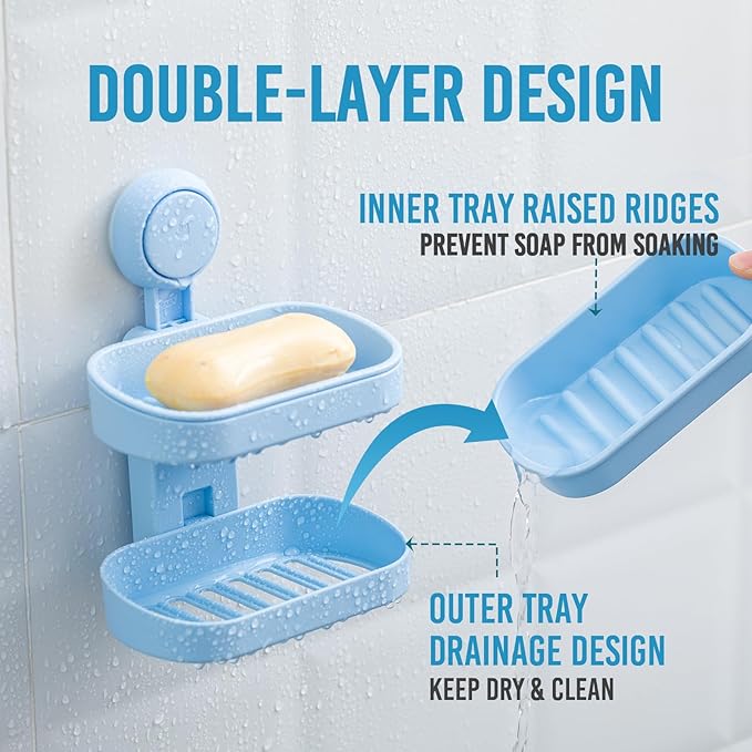 TAILI Double Layer Soap Dish Holder Suction Cup, Strong Sponge Holder for Shower, No Tools Soap Saver for Bathroom, Tub and Kitchen Sink, Shower Accessories, Drill-Free, Removable, Blue