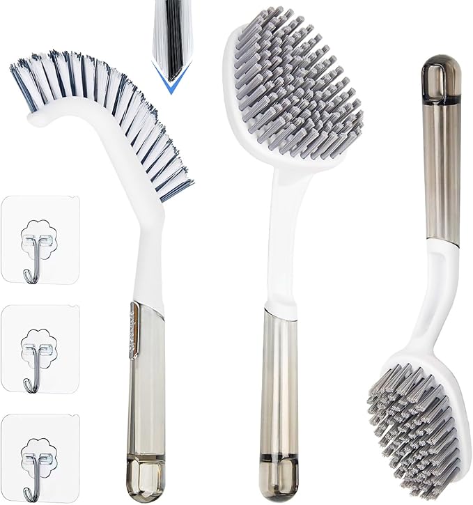 3 Pack Scrub Brush Set – Heavy-Duty Scrub Brushes for Cleaning with Handle, Cleaning Brush with Stiff Bristles, Shower Scrubber for Bathroom, Bathtub, Kitchen, Tile, Floor, Grout, Sink & Carpet