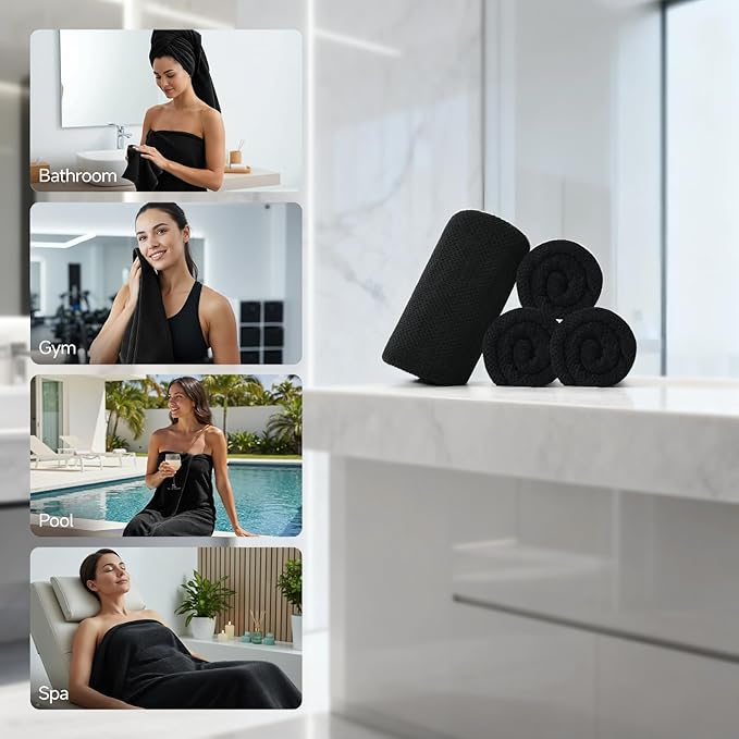 REDKISS Ultra Soft Bath Towels Set of 4-35 x 70 in Extra Large Coral Fleece Bath Towel, Highly Absorbent Plush Bathroom Towels for Adults, Quick Dry Towel Set for Spa, Gym, Travel, Black