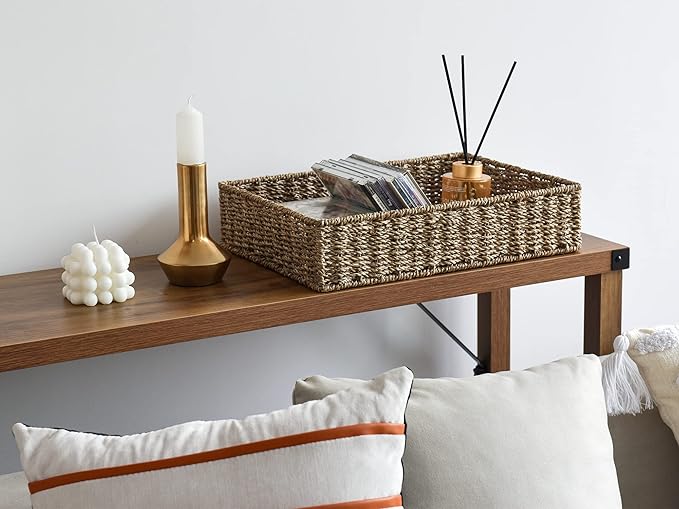 StorageWorks Large Seagrass Tray for Bathroom, Seagrass Storage Baskets for Shelves, Handwoven Natural Wicker Baskets for Organizing, 2-Pack