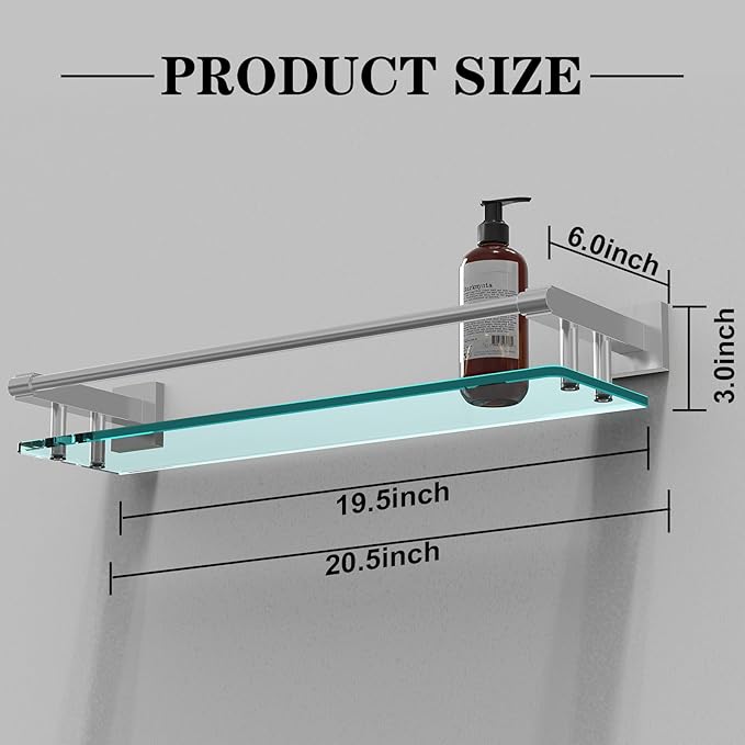 20 Inches Glass Shelf for Bathroom, Brushed Nickel Glass Shelves for Wall with Smooth Stainless Steel Railing, Modern Tempered Glass Organizer Shelf