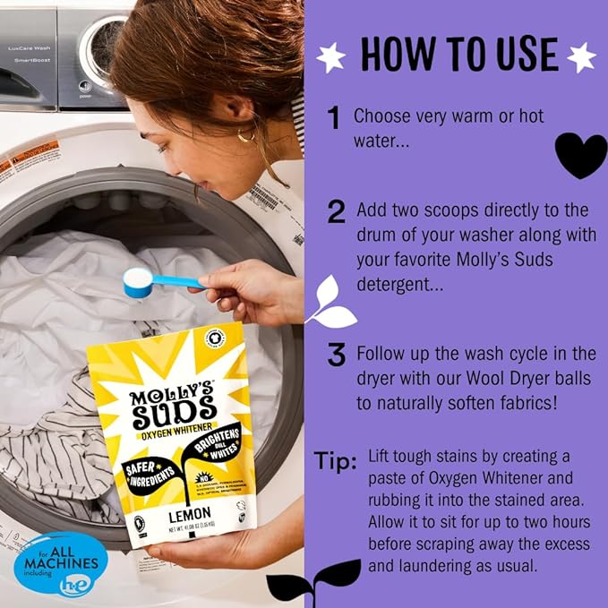 Molly's Suds Oxygen Whitener | Powerful Bleach Alternative, Chlorine Free & Color Safe | Brightens Whites and Removes Stains (Lavender Essential Oil - 79 oz)