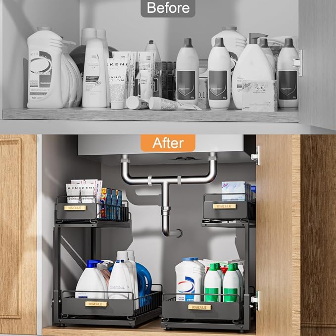 Under Sink Organizer, High Adjustable 2 Tier Under Kitchen Sink Organizer, Multi-Purpose Storage Shelf for Kitchen Bathroom Cabinet, Black