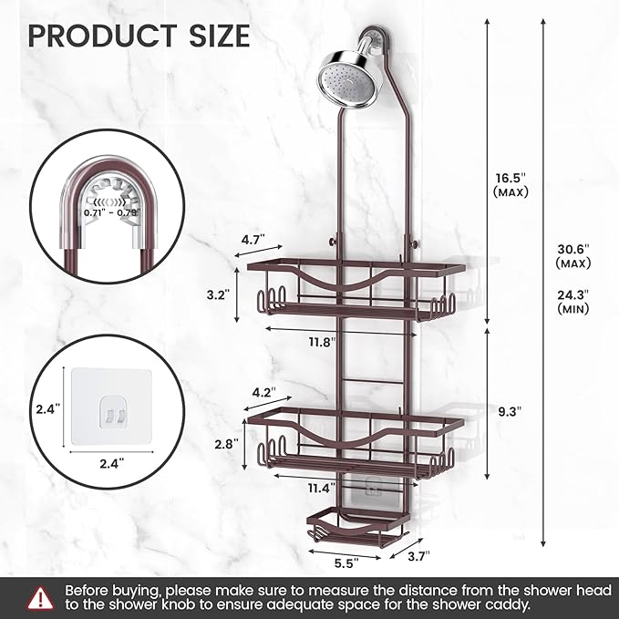REINHARDT Shower Caddy Hanging Adjustable, Extended Length Rustproof Showers Caddy Over Showerhead with Hooks Soap Holder, Large Capacity Shower Organizer Anti-Swing Bathroom Organizer, Bronze