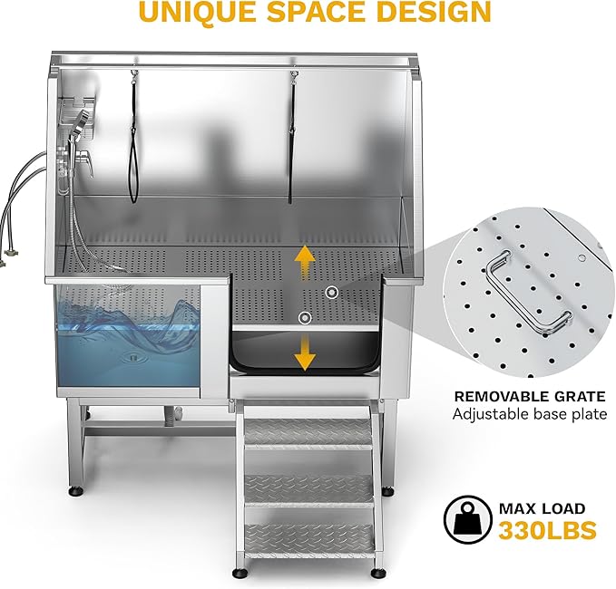 DWVO Professional Pet Dog Bathing Station for Grooming, 50'' Dog Grooming Bathtub with Right Staris, Floor Grate, Faucet, Showerhead & Soap Holder for Large, Medium & Small Pets