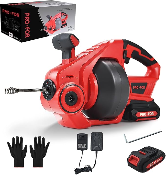 20V Cordless Electric Drain Auger, 25Ft Auto-Feed Drain Snake, Replaceable Cable, 2.0Ah Battery & Charger, LED Light, Clog Remover for Sink, Shower, Kitchen, Bathroom Pipes (3/4"-2")
