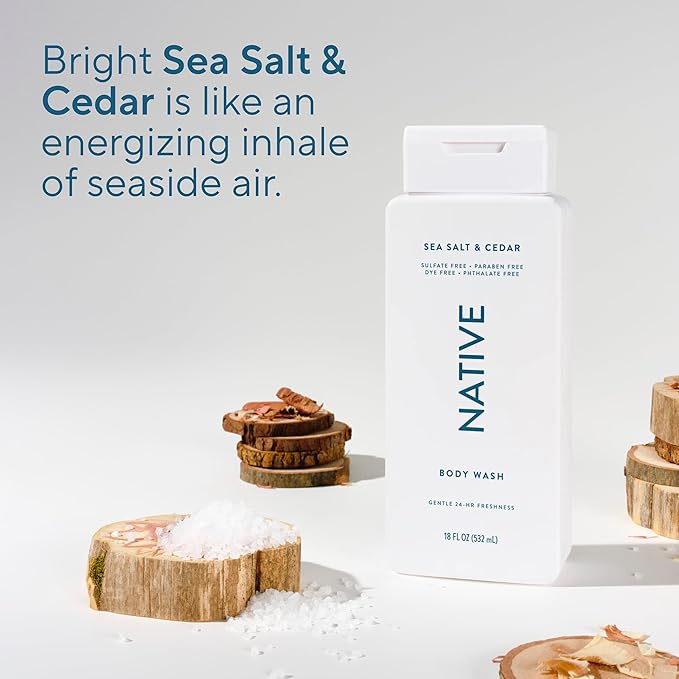 Native Body Wash Contains Naturally Derived Ingredients | For Women & Men, Sulfate, Paraben, & Dye Free Leaving Skin Soft and Hydrating | Sea Salt & Cedar 18 oz