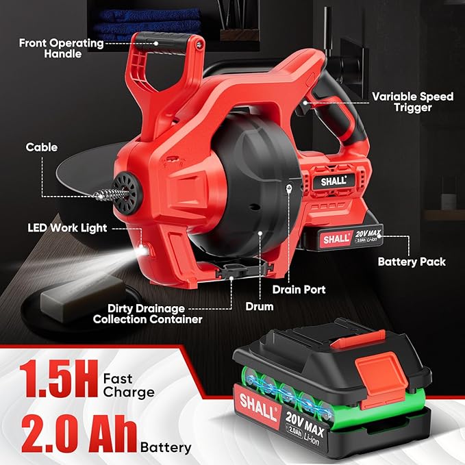 SHALL 20V Cordless Drain Auger with 25Ft Plumbing Drain Snake, Electric Snake Drain Hair Clog Remover W/ 2.0Ah Battery & Fast Charger, Shower Drain Snake for 3/4’’-2’’ Sewer Pipe, Sink Toilet Bathroom