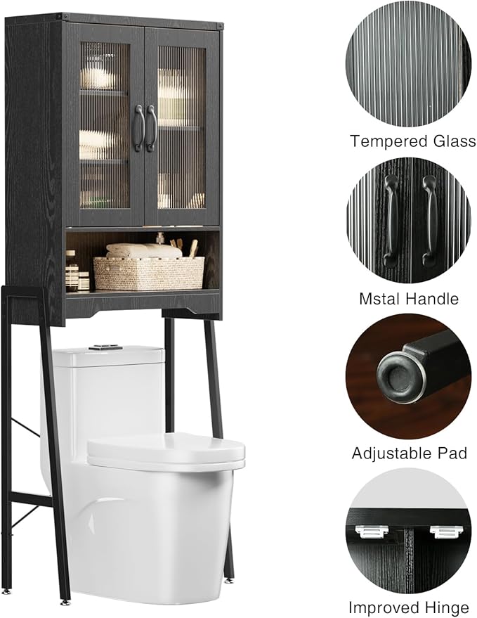 Over The Toilet Storage Cabinet with Tempered Glass Doors & Adjustable Shelf, Bathroom Organizer with Metal Stand Space Saver Over Toilet , Tall Freestanding Shelf/Rack for Bathroom, Black