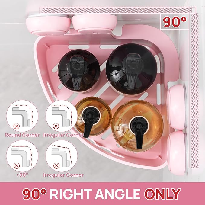 LEVERLOC Corner Shower Caddy Suction Cup, Shower Caddy Basket Powerful Suction Bathroom, Waterproof & Rustproof Organizer for Bathroom Storage, No-Drilling Removable (Pink)