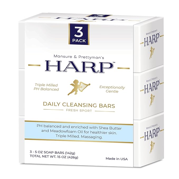 HARP pH-Balanced (5.0-6.0) Body Wash Bar. ZERO saponified oils. Protects Moisture Barrier. Gentle for Sensitive/Dry skin. + Shea Butter/Borage Oil. Non-Comedogenic. FRESH SPORT Fragrance.