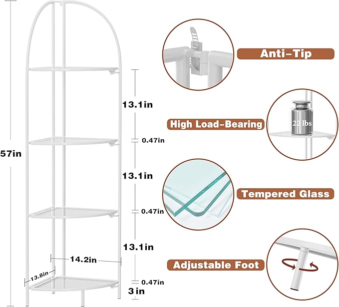 Crofy Foldable 4 Tier Corner Shelf, Metal Corner Plant Stand with White Frame and Transparent Shelves, Corner Display Rack Multipurpose Shelving Unit for Living Room, Bedroom, Bathroom