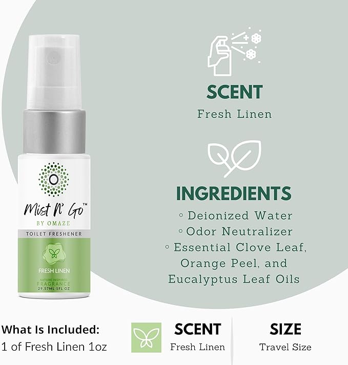 Mist N' Go by Omaze Travel Bathroom Spray - Toilet Odor Eliminator & Air Freshener - Fresh Linen (1oz)