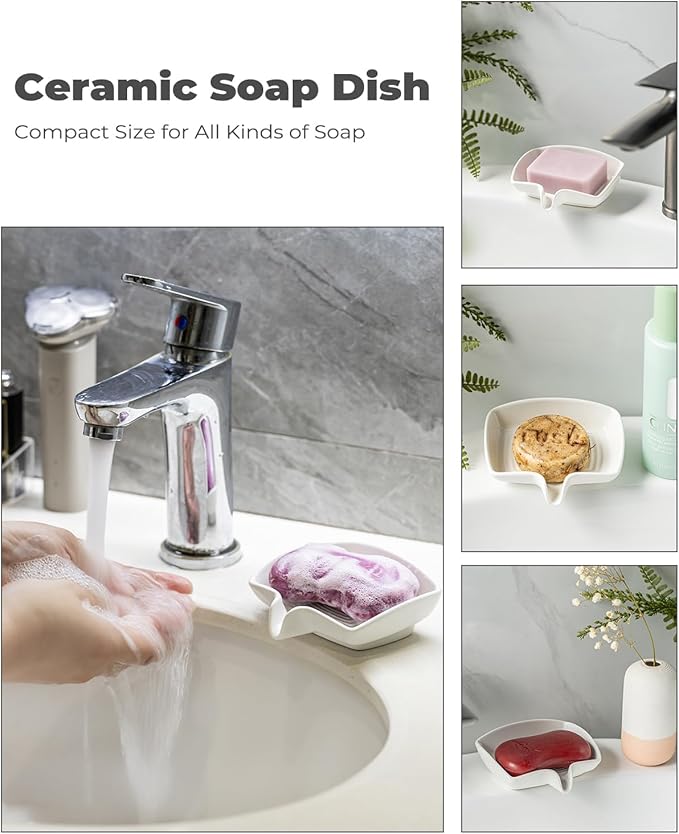 Soap Dish with Waterfall Design, Ceramic Soap Holder Self Draining Bar Soap Saver for Sink Bathroom Shower Kitchen to Keep Organized and Clean, White