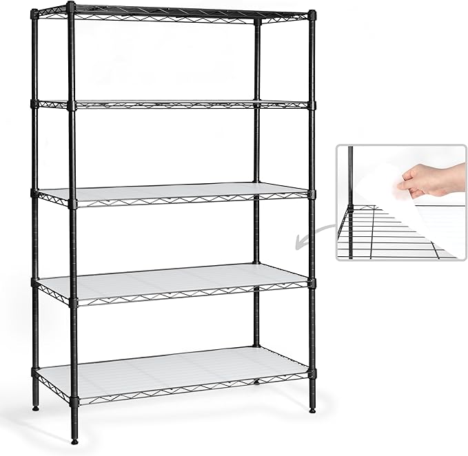 CAPHAUS NSF Adjustable Height Wire Shelving Unit w/Liner, 5-Tier Metal Steel Storage Shelf for Basement, Garage, Utility Organizer, No Wheels, Black