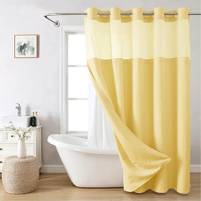 Long No Hooks Needed Linen Textured Shower Curtain with Snap-in Fabric Liner Set,Hotel Luxury Decor Shower Curtains for Bathroom,Waterproof & Washable,71Wx80H,Gold