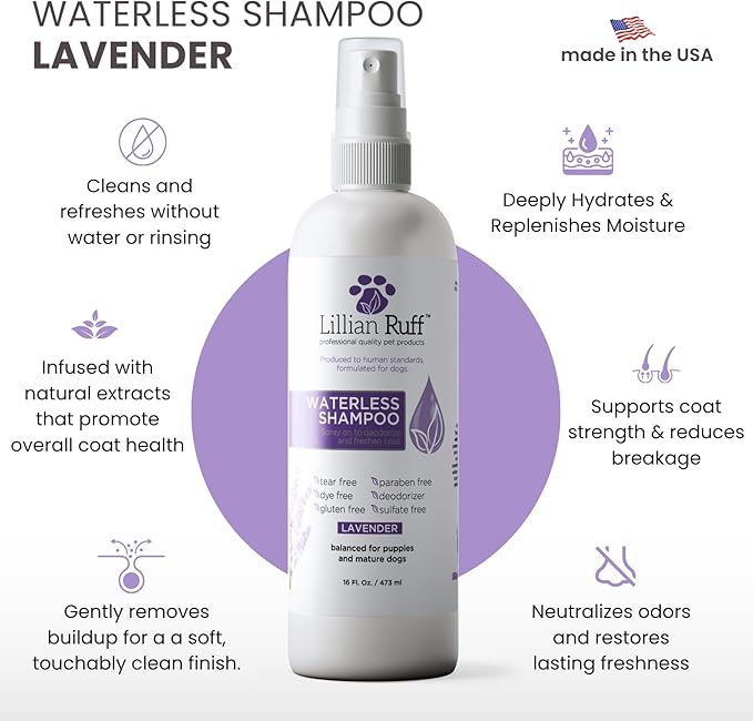 Lillian Ruff Waterless No-Rinse Dog Dry Shampoo Spray with Hydrating Essential Oils - pH-Balanced Dry Shampoo for Dogs - Clean, Condition, Detangle & Deodorize Dry, Sensitive Skin (Lavender)