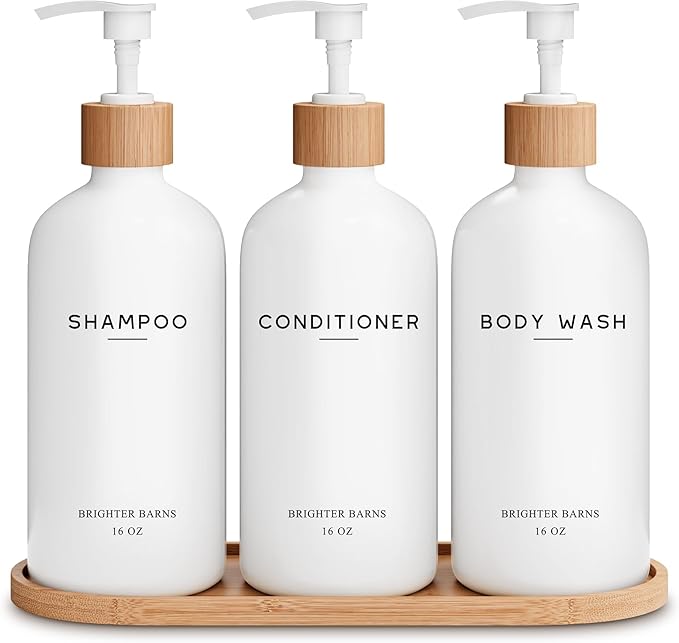White Shampoo and Conditioner Dispenser Set by Brighter Barns - Shower Dispenser - Shampoo Conditioner Body Wash Dispenser with Pump - Shower Soap Dispenser for Bathroom Decor, Hotel, Airbnb (White)