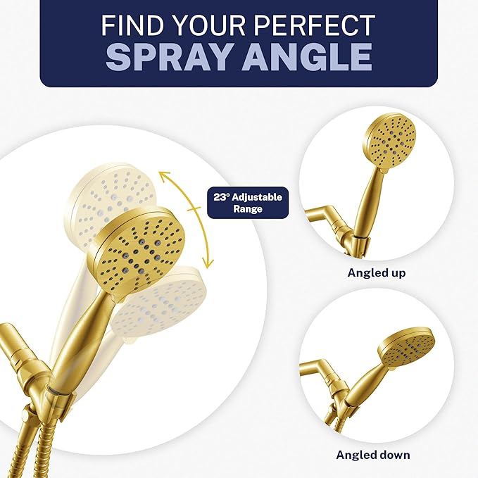 HammerHead Showers® Solid Metal 3-Spray Handheld Shower Head with Long Hose and Holder - BRUSHED GOLD - WIDE, MASSAGE, and MIST Sprays - 1.8 GPM Low Flow Handheld Showerhead - Water Saving Shower Head