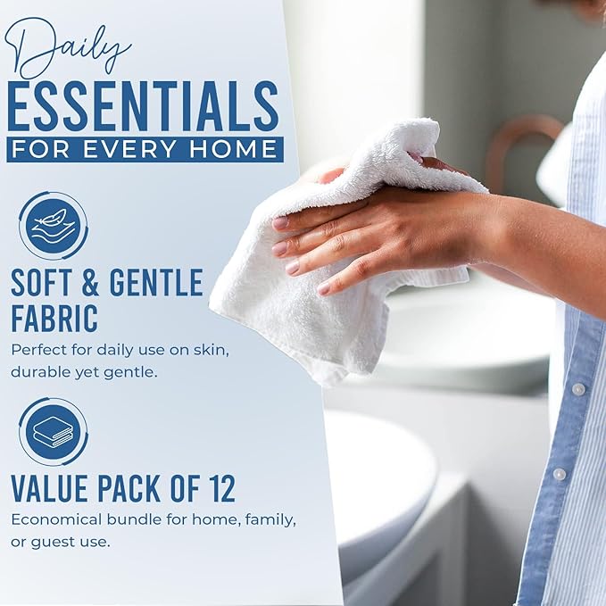 DAN RIVER 12 Pack Wash Cloths for Showering [12x12] - 100% Cotton Washcloths Premium Quality Flannel Face Cloths for Bathroom, Highly Absorbent and Soft Feel Wash Clothes, White
