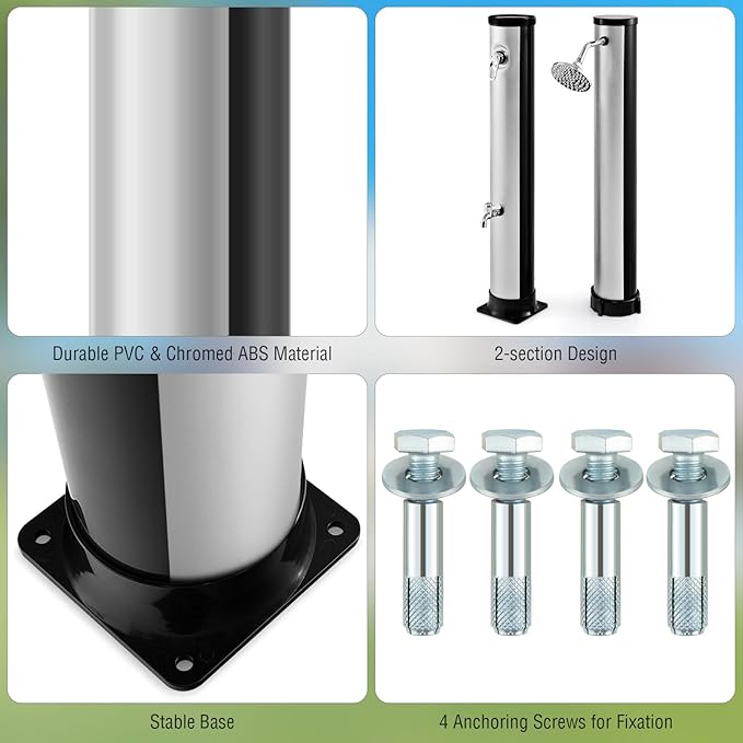 LDAILY Outdoor Shower, 10 Gallon Solar Heated Pool Shower with 360° Rotating Shower Head & Foot Tap, 7.2FT Freestanding Outside Shower Kits for Backyard, Beach, Garden (Black+Silver)