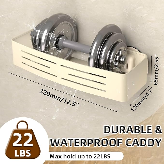 Onemake Aluminum Shower Caddy Suction Cup, No Drilling Bathroom Shower Shelf, Corner Shower Caddy with 6 Portable Hooks, Removable Bath Organizer with Towel Bar for Bathroom Storage(Cream White)