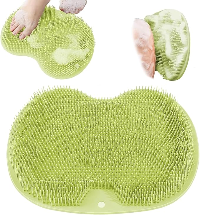 Shower Foot & Back Scrubber, Massage Pad with Suction Cups & Pumice Stone, Multi-Surface Silicone Bath Mat for Exfoliating and Massaging in Shower or Bathtub, 9.8x11.8 Inch (Green)