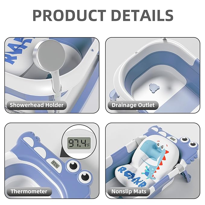 TPN Collapsible Baby Bathtub, Baby Bath Tub with Soft Cushion & Real-Time Thermometer, Baby Bathtub Infant to Toddler Tub (0-36 Months), Portable Travel Baby Tubs for Newborns (Blue)