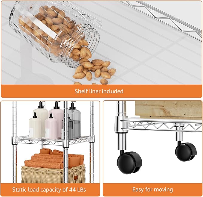 Storage Shelves Adjustable, 4 Tier Shelving Units for Storage with Wheels, Corrosion Resistant Wire Shelving Unit for Kitchen Closet Bathroom Office, Chrome 11.8" D x 11.8" W x 48.1" H