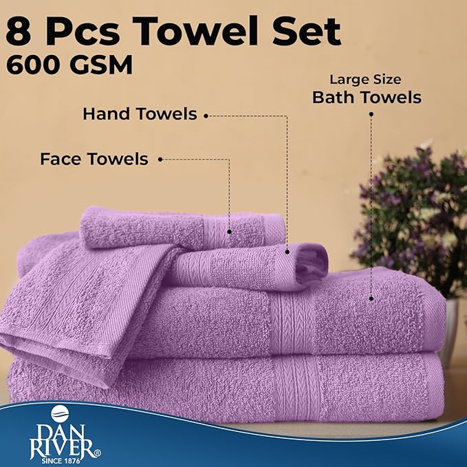 DAN RIVER 8 PC Luxury Bath Towels for Bathroom, 2 Bath, 2 Hand, and 4 Wash Cloths, 600 GSM 100% Ring Spun Cotton Towel Set, Highly Absorbent, Gym, Hotel, and Spa, Lavendar