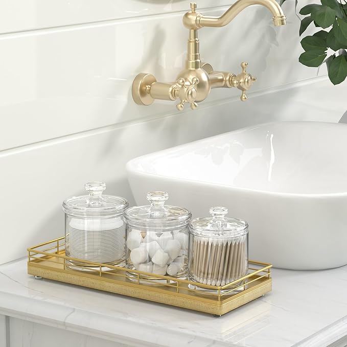 Bathroom Tray for Counter, Oak Wooden 11.2" L Decorative Vanity Tray for Dresser Tops, Kitchen Countertop Organizer, Gold Brushing