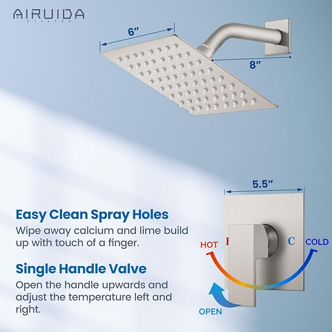 Airuida Shower Faucet Set Bathroom Rain Shower System SUS304 Stainless Steel Single Handle With Male Threads Rough-in Valve Shower Trim Kit 6 Inch Wall Mount Shower Head Brushed Nickel