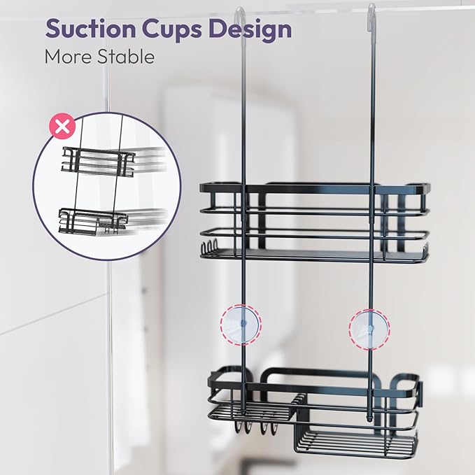 SWTYMIKI Shower Caddy Hanging Organizer - Over the Door Shower Caddy with Soap Holder, 11 Hooks, 2 Installation Ways, Stainless Steel Rustproof Bathroom Organizer, Black