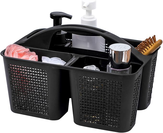 UUJOLY Plastic Portable Shower Caddy Basket Bucket, Cleaning Shower Basket with Handle Compartments Storage Basket Organizer for Bathroom Kitchen College Dorm Sink, Black