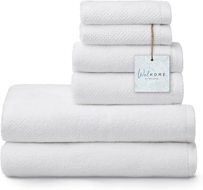 Welhome Franklin 100% Cotton Popcorn Textured Towel Set - 6 Piece 600 GSM, Soft & Plush, 2 Bath Towels, 2 Hand Towels, 2 Washcloths, White
