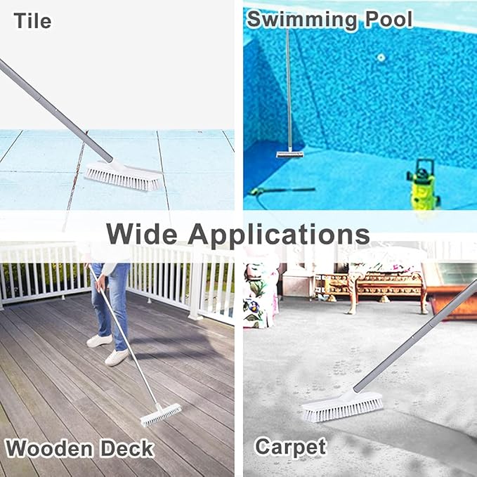 Floor Scrub Brush with Long Handle 54''- Stiff Bristle 2 in 1 Shower Scrubber with Squeegee Cleans Kitchen, Wall, Tile, Grout, Tub and Carpet, Brush Broom Scrubbing Garage, Patio Deck
