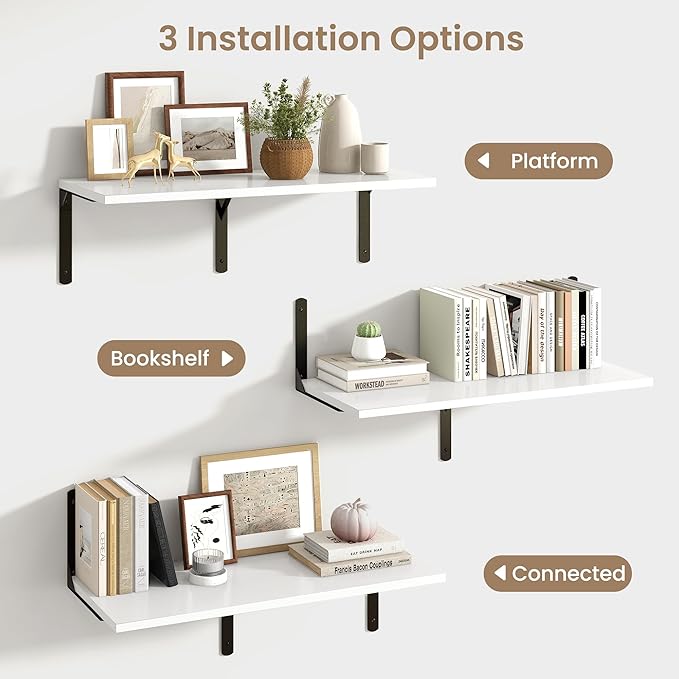 Fun Memories Floating Shelves for Wall, 12 Inch Deep Floating Shelves Set of 2, Wall Mounted Shelf with Metal Brackets, Rustic Wood Wide Shelf for Bathroom, Kitchen and Living Room, White, 32W x 12D