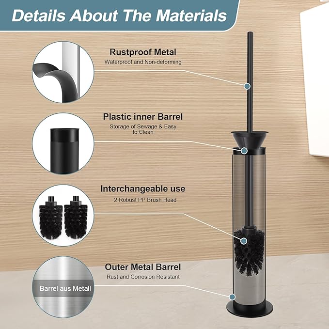 BGL Toilet Brush and Holder Set, Heavy Duty 304 Stainless Steel, Round Base and Long Handle for Bathroom Deep Cleaning, Drip-Proof, Space Saving for Storag, Black