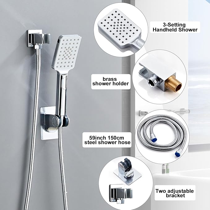 8 Inch Ceiling Mount Shower Faucet Set, Polish Chrome Rainfall Shower System, Square Rain Shower Head with Handheld Spray Combo Ceiling, Silver Rainfall Shower Faucet Fixtures (3-Setting)