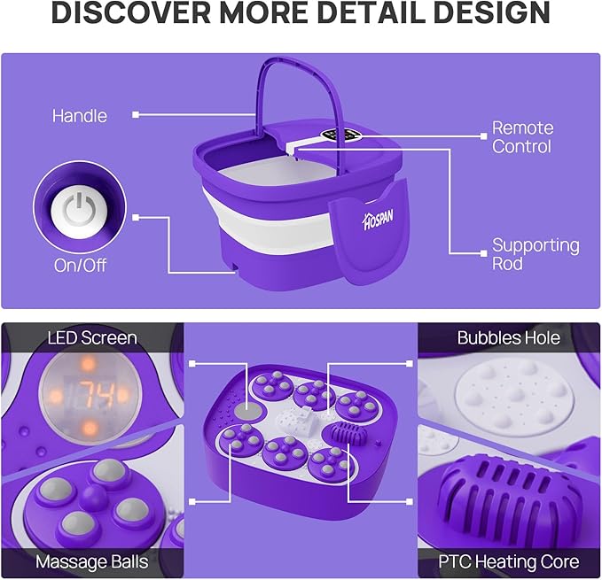 HOSPAN Collapsible Foot Spa Electric Rotary Massage, Foot Bath with Heat, Bubble, Remote, and 24 Motorized Shiatsu Massage Balls. Pedicure Foot Spa for Feet Stress Relief