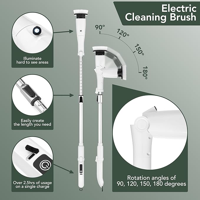 Electric Power Spin Scrubber - Cordless Cleaning Brush with 7 Replaceable Brush Heads - 3 Speed with Flashlight - Adjustable and Extendable for Cleaning Tile Grout Bathtub Window Kitchen Floor