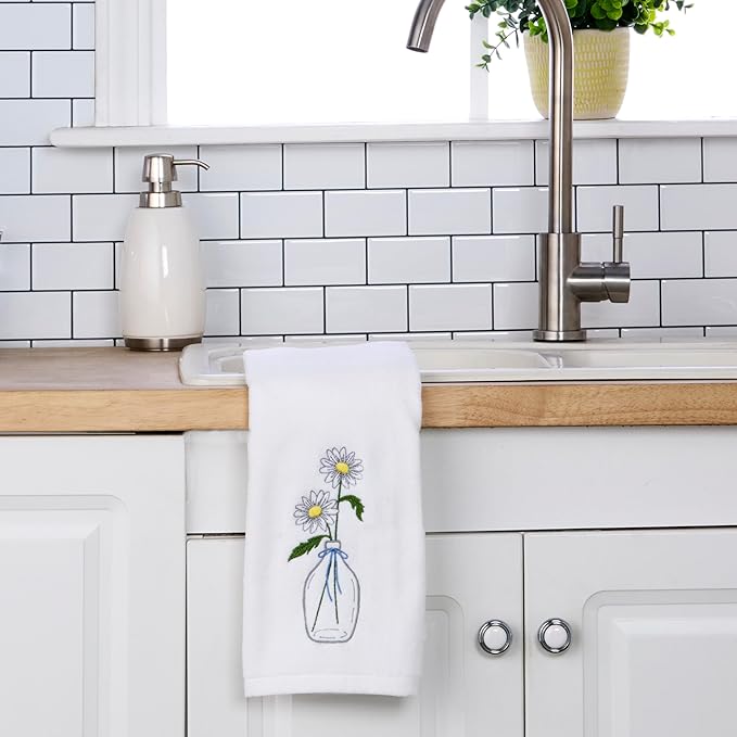 SKL Home Daisies in Vase Hand Towel 2pc Set for Bath/Kitchen/Bar & Gift, Optic White
