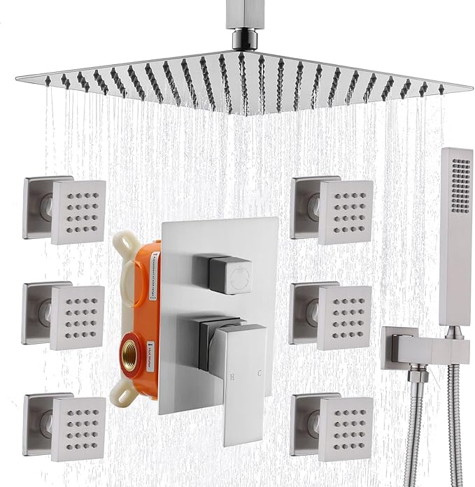 Enga Shower System with Body Jets 12 Inch Ceiling Mounted Rain Shower and Handheld Sprays Brass Full Body Massage Spa Jets Contain Rough-in Shower Valve, Brushed Nickel